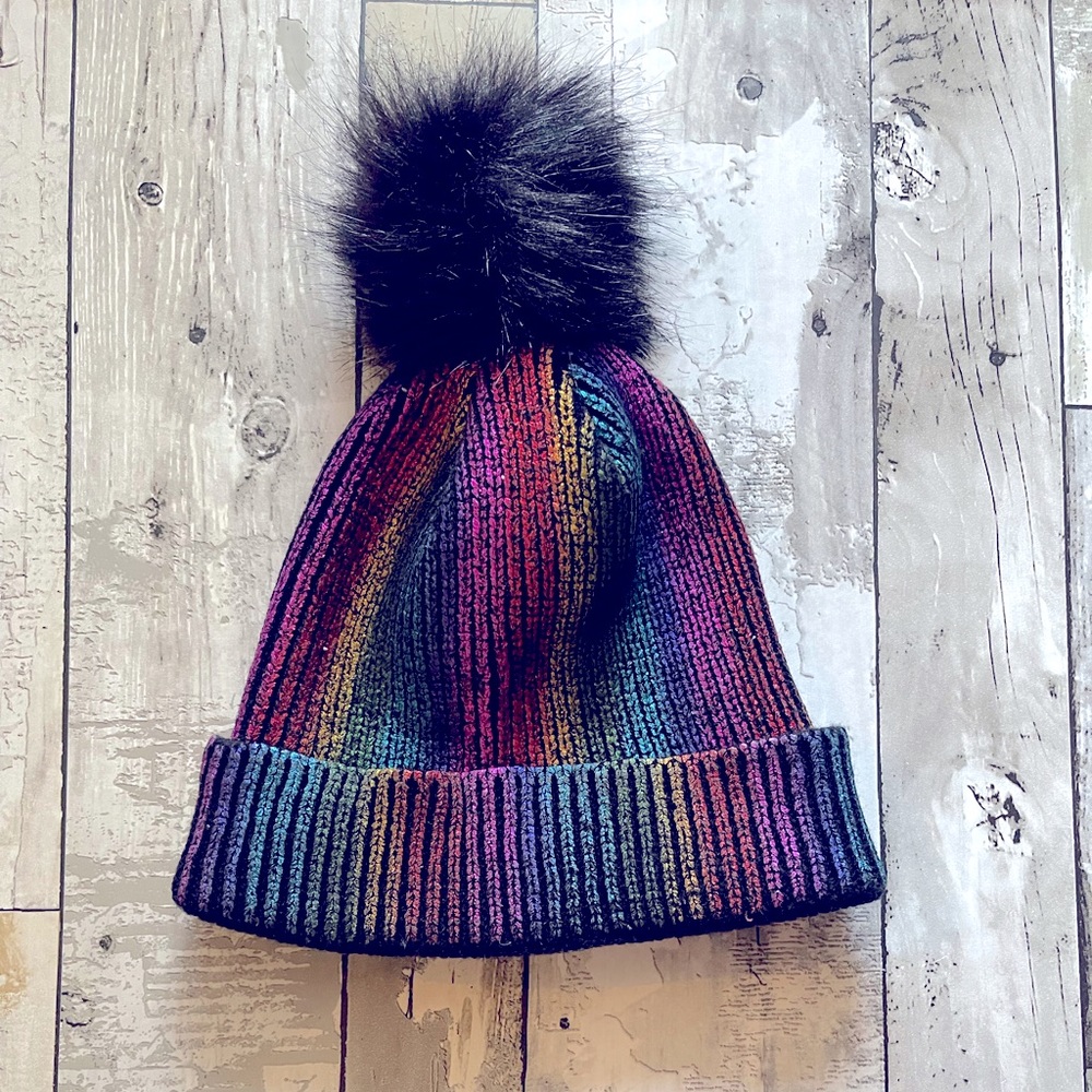 Girl’s Rainbow And Black Metallic Pom Pom Winter Hat OSFM